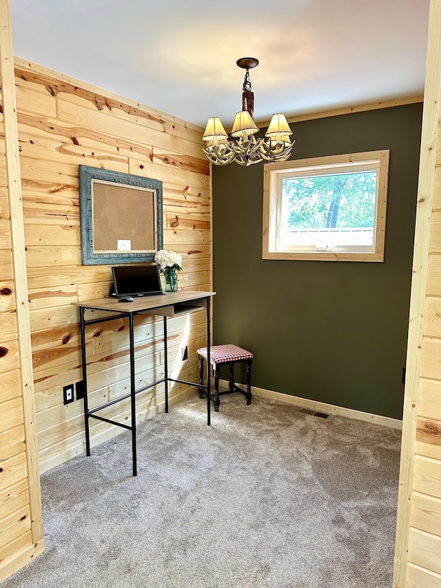 38985 337th Ln, Aitkin, MN 56431 - carpeted office with a chandelier and wood walls