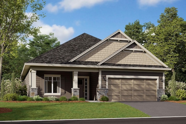 1331 150th St W, Rosemount, MN 55068 - craftsman inspired home with a garage, stone siding, driveway, and a front yard