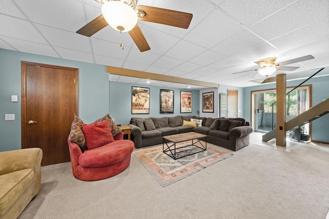 3626 Bay Dr, Danbury, WI 54830 - living room with carpet flooring, a ceiling fan, and a paneled ceiling