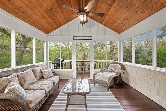 sunroom featuring outdoor lounge area, ceiling fan, and plenty of natural light