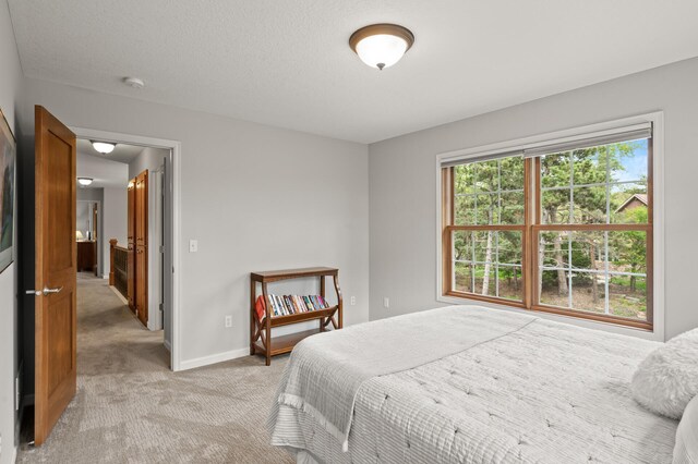 bedroom with light colored carpet and baseboards