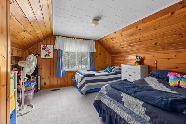 42271 Vista Road, East Side Twp, MN 56342 - carpeted bedroom featuring wooden walls and vaulted ceiling