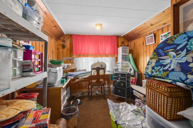 42271 Vista Road, East Side Twp, MN 56342 - kitchen featuring an office area, wooden walls, carpet floors, and lofted ceiling