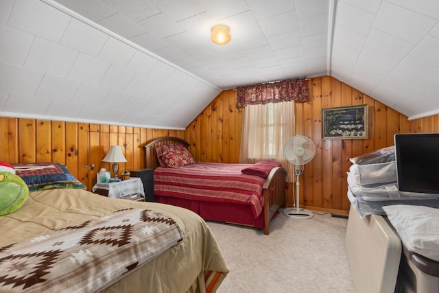 42271 Vista Road, East Side Twp, MN 56342 - bedroom featuring wood walls, lofted ceiling, and carpet flooring
