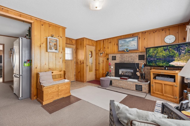 42271 Vista Road, East Side Twp, MN 56342 - living area with light carpet, wood walls, a fireplace, and a textured ceiling