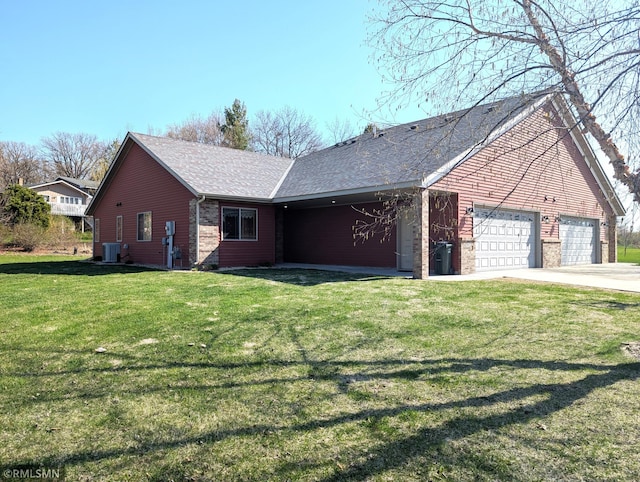 902 Meadow Lark Ln, Long Prairie, MN 56347 - ranch-style house with central AC unit, a front yard, concrete driveway, a shingled roof, and an attached garage