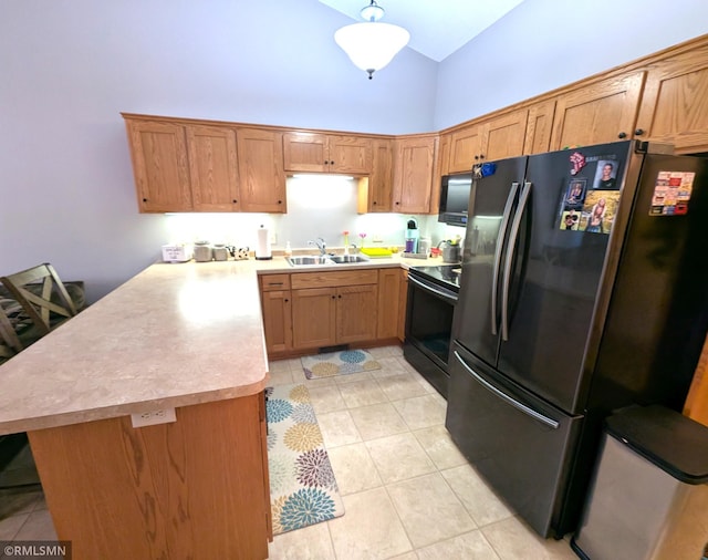 902 Meadow Lark Ln, Long Prairie, MN 56347 - kitchen with freestanding refrigerator, high vaulted ceiling, a peninsula, a sink, and range with electric cooktop
