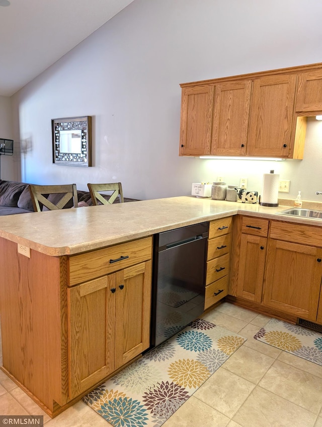 902 Meadow Lark Ln, Long Prairie, MN 56347 - kitchen featuring a peninsula, a sink, dishwashing machine, light countertops, and high vaulted ceiling