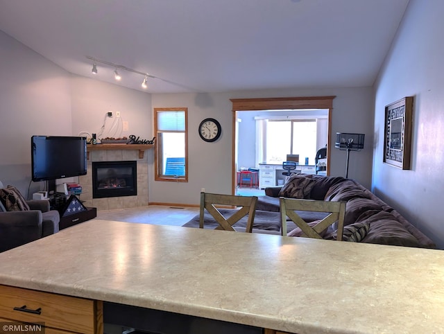 902 Meadow Lark Ln, Long Prairie, MN 56347 - living area featuring track lighting and a tiled fireplace