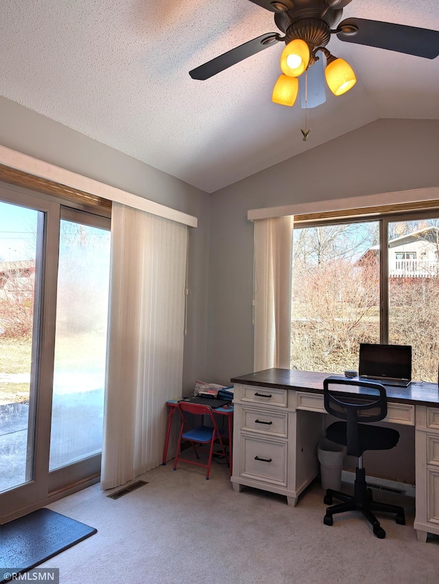 902 Meadow Lark Ln, Long Prairie, MN 56347 - home office featuring vaulted ceiling, light carpet, and ceiling fan