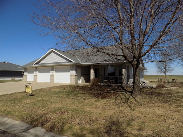 ranch-style house with a porch, driveway, an attached garage, and a front lawn