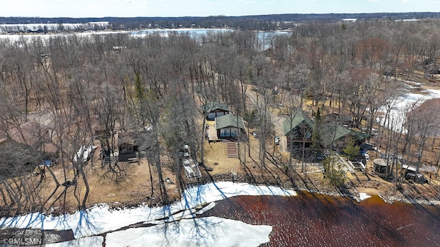 snowy aerial view featuring a view of trees
