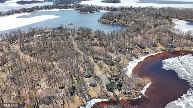 birds eye view of property featuring a water view and a wooded view