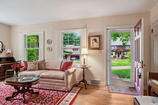19135 Highland Ave, Deephaven, MN 55391 - living area featuring healthy amount of natural light, light wood-style floors, and ornamental molding