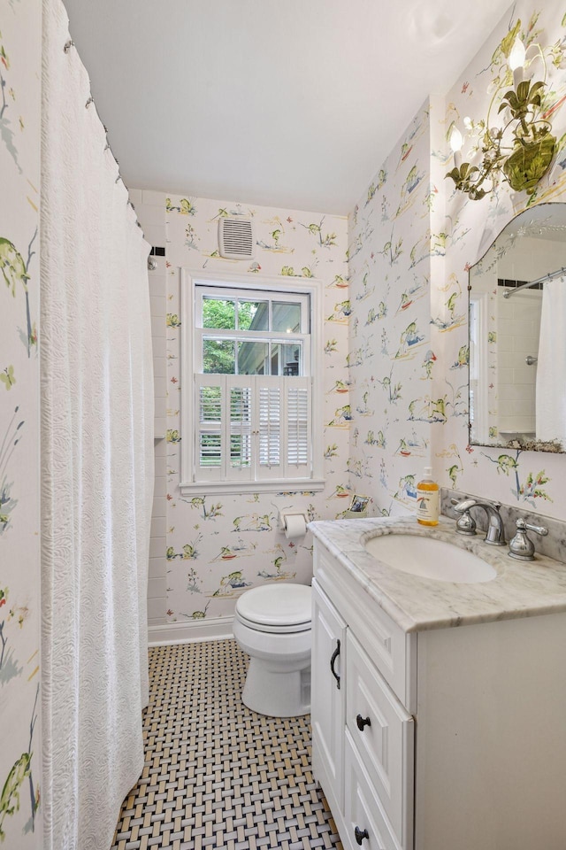 19135 Highland Ave, Deephaven, MN 55391 - bathroom featuring wallpapered walls, vanity, tile patterned floors, and a shower with shower curtain