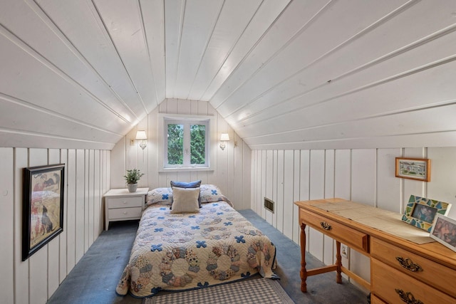 19135 Highland Ave, Deephaven, MN 55391 - bedroom featuring carpet flooring, vaulted ceiling, and wooden walls
