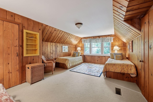 19135 Highland Ave, Deephaven, MN 55391 - bedroom featuring wood walls, lofted ceiling, and carpet