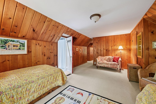 19135 Highland Ave, Deephaven, MN 55391 - bedroom featuring wood walls, carpet floors, and vaulted ceiling
