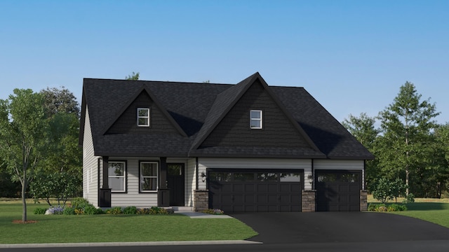 8540 151st Ln NW, Ramsey, MN 55303 - craftsman inspired home with a front yard, asphalt driveway, an attached garage, a shingled roof, and stone siding