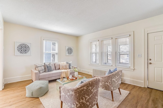 living room featuring light wood-type flooring, radiator heating unit, and a healthy amount of sunlight