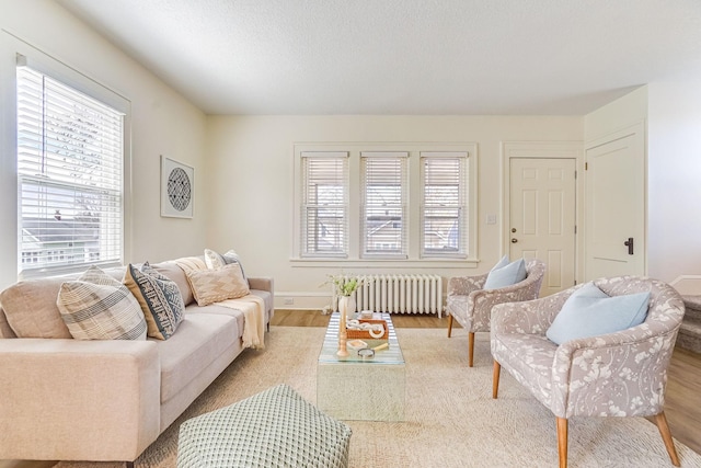living room with baseboards, radiator heating unit, and wood finished floors