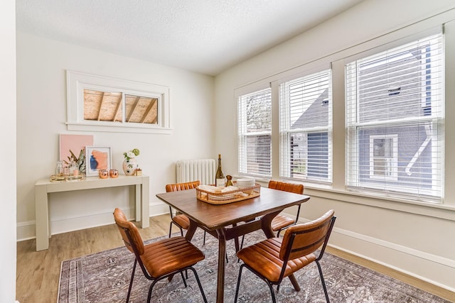 dining space featuring radiator, baseboards, a textured ceiling, and light wood-style flooring