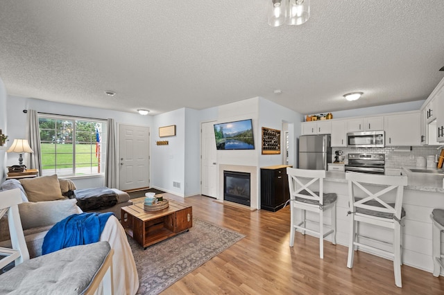 1324 Pembrooke Ln, Waconia, MN 55387 - living area with light wood-style floors, a textured ceiling, and a glass covered fireplace