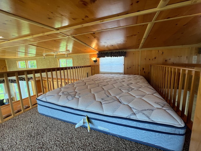 20965 Lakeshore Dr Unit 6, Glenwood Twp, MN 56334 - carpeted bedroom featuring wooden ceiling and wood walls