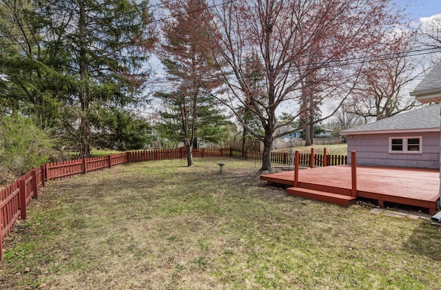 view of yard featuring a fenced backyard and a wooden deck