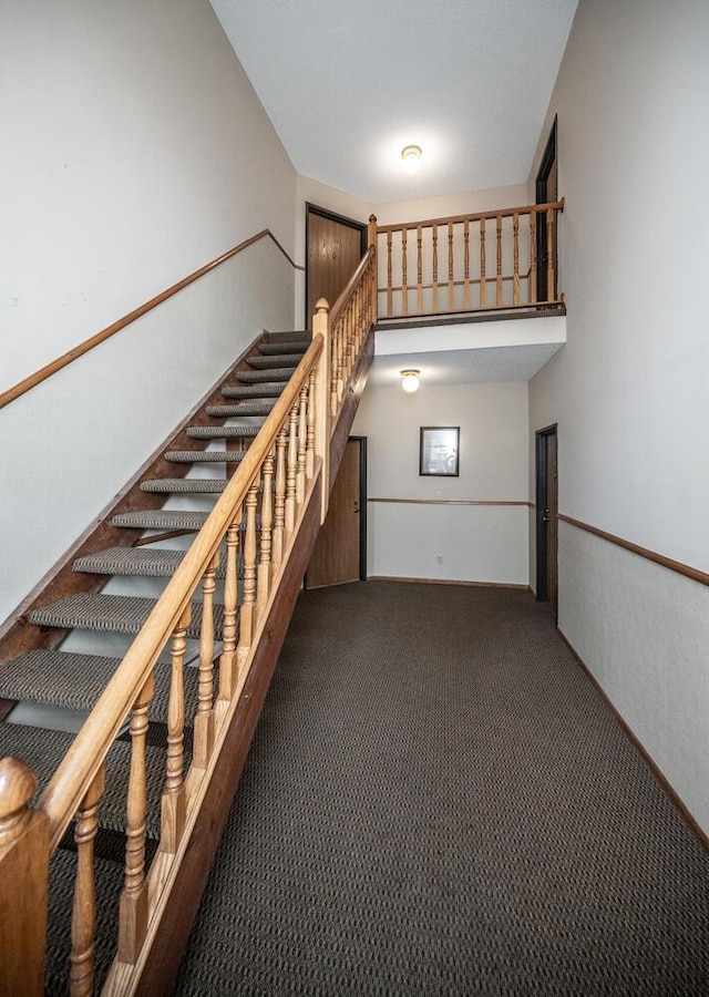 stairway featuring carpet flooring