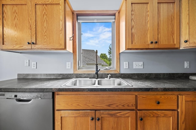 367 Garden Dr, Delano, MN 55328 - kitchen with stainless steel dishwasher, dark countertops, and brown cabinetry