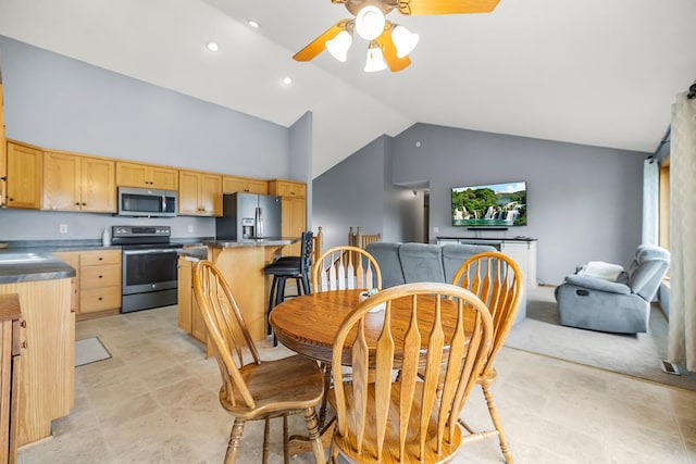 367 Garden Dr, Delano, MN 55328 - dining space featuring a ceiling fan, high vaulted ceiling, and recessed lighting