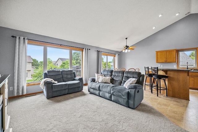 367 Garden Dr, Delano, MN 55328 - living area with a ceiling fan, recessed lighting, and high vaulted ceiling