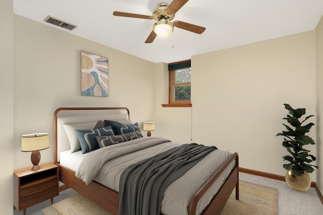 carpeted bedroom featuring visible vents, baseboards, and ceiling fan