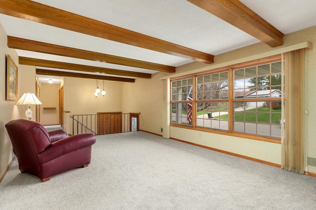 3308 Gate Rd, Saint Anthony, MN 55418 - living area featuring beamed ceiling, carpet flooring, a chandelier, baseboards, and an upstairs landing