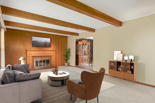 3308 Gate Rd, Saint Anthony, MN 55418 - carpeted living room featuring beam ceiling, baseboards, a fireplace, and wood walls