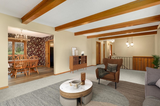 3308 Gate Rd, Saint Anthony, MN 55418 - living area featuring a chandelier, carpet, beamed ceiling, and baseboards