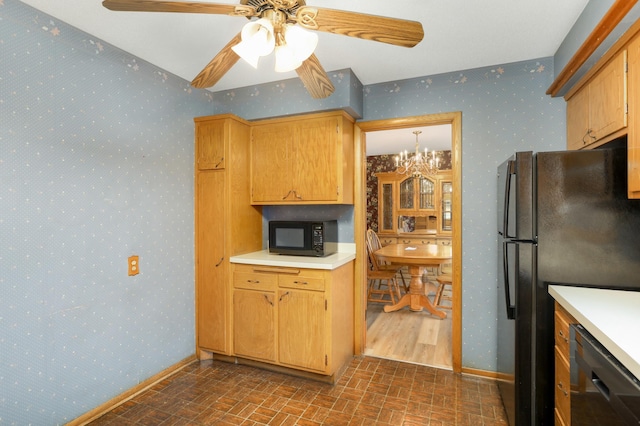3308 Gate Rd, Saint Anthony, MN 55418 - kitchen featuring black appliances, wallpapered walls, brick patterned floors, light countertops, and ceiling fan