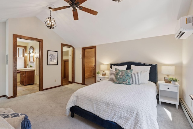 bedroom with baseboard heating, light carpet, lofted ceiling, ensuite bath, and an AC wall unit