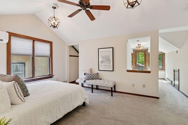 carpeted bedroom with vaulted ceiling, baseboards, and a baseboard radiator
