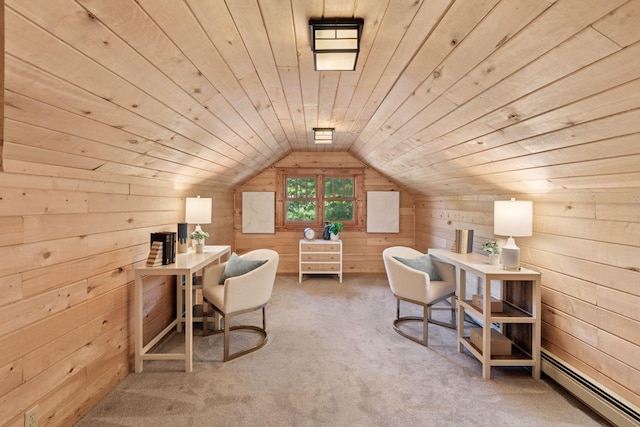 sitting room with a baseboard heating unit, wood walls, wood ceiling, vaulted ceiling, and carpet flooring