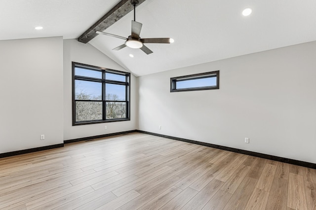 3731 Crestwood Rdg NE, Alexandria Twp, MN 56308 - unfurnished room with light wood-type flooring, vaulted ceiling with beams, baseboards, recessed lighting, and a ceiling fan