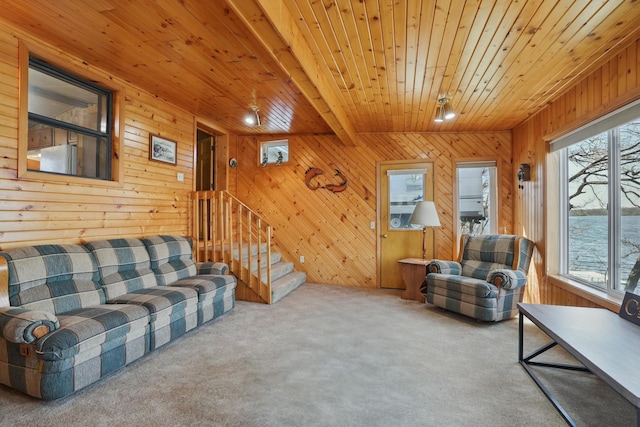 carpeted living room featuring stairway, wood ceiling, and wooden walls