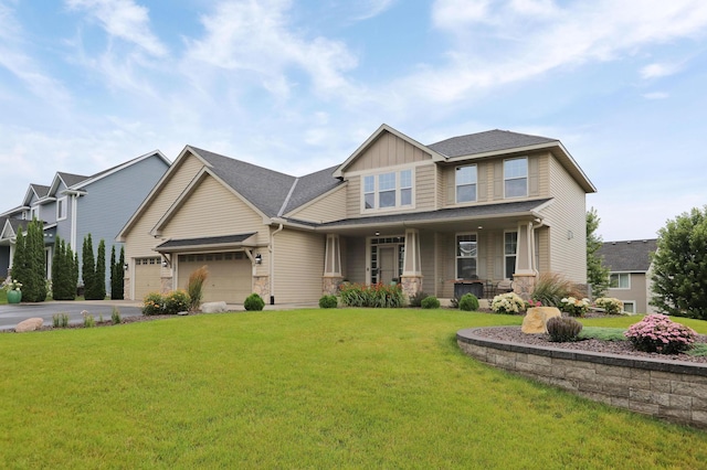 27130 Hickory Ridge Dr, Elko New Market, MN 55020 - craftsman inspired home featuring an attached garage, covered porch, aphalt driveway, board and batten siding, and a front lawn
