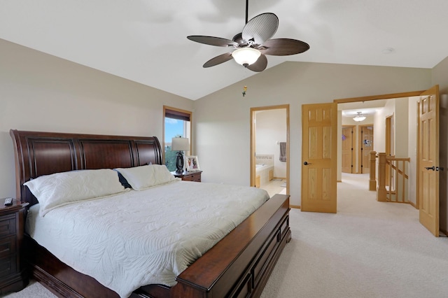 27130 Hickory Ridge Dr, Elko New Market, MN 55020 - bedroom with light carpet, ceiling fan, connected bathroom, and lofted ceiling