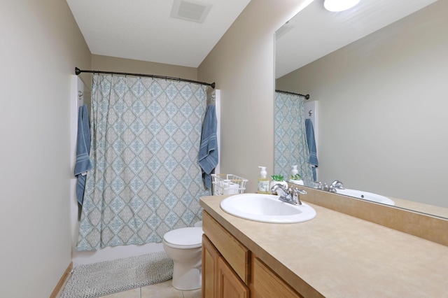 27130 Hickory Ridge Dr, Elko New Market, MN 55020 - bathroom with shower / bathtub combination with curtain, vanity, tile patterned flooring, visible vents, and toilet