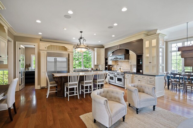 living area featuring dark wood-type flooring, crown molding, and recessed lighting