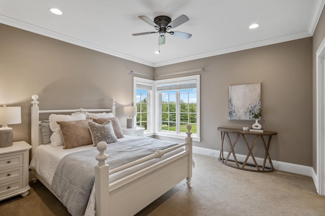 carpeted bedroom featuring recessed lighting, baseboards, ornamental molding, and a ceiling fan