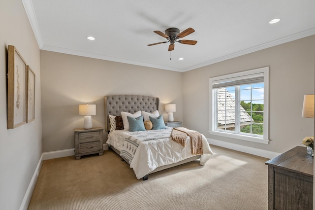 carpeted bedroom featuring crown molding, baseboards, and recessed lighting