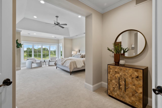 carpeted bedroom featuring crown molding, visible vents, baseboards, and recessed lighting